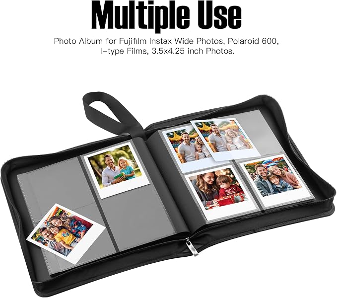Veicevol 256-Pocket Album for Polaroid i-Type, 600 & SX-70 Photos, Black | Designed for Fujifilm Instax Wide Photos, Water-Resistant PU Leather Cover, Zipper Closure, Securely Holds Up to 256 Photos - Image 3