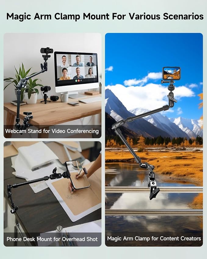 22" Magic Arm w Clamp, Overhead Phone Mount, Desk Camera Mount w Articulating Friction Boom Arm Thread Adapter, for Phone Video Light Webcam Microphone Action Camera Content Creators - Image 2