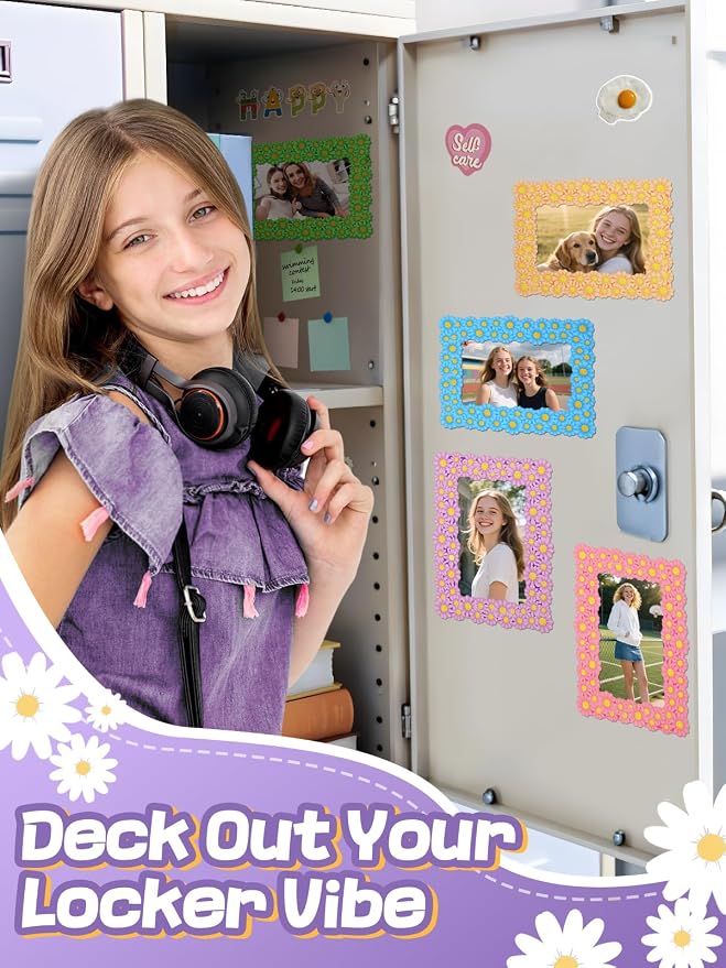 12Pcs Magnetic Picture Frames for 4"x6" Photo, Locker Accessories for Girls | 6 Colors, Cute Back to School Gifts, Classroom Decorations Supplies, Refrigerator Decor, Daisy - Image 3