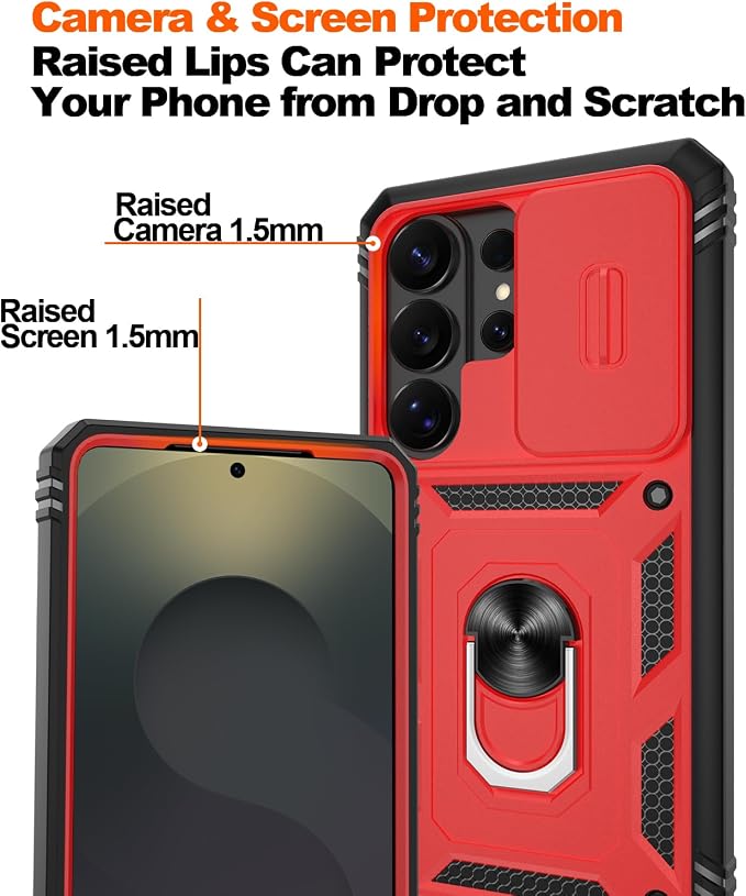 Gritup for Samsung Galaxy S26 Ultra Case: 2*Screen Protector | Slide Camera Cover | Build in 360° Rotating Ring Kickstand | Military Grade Protective Cover for Samsung S 26 Ultra, Red+Black - Image 5
