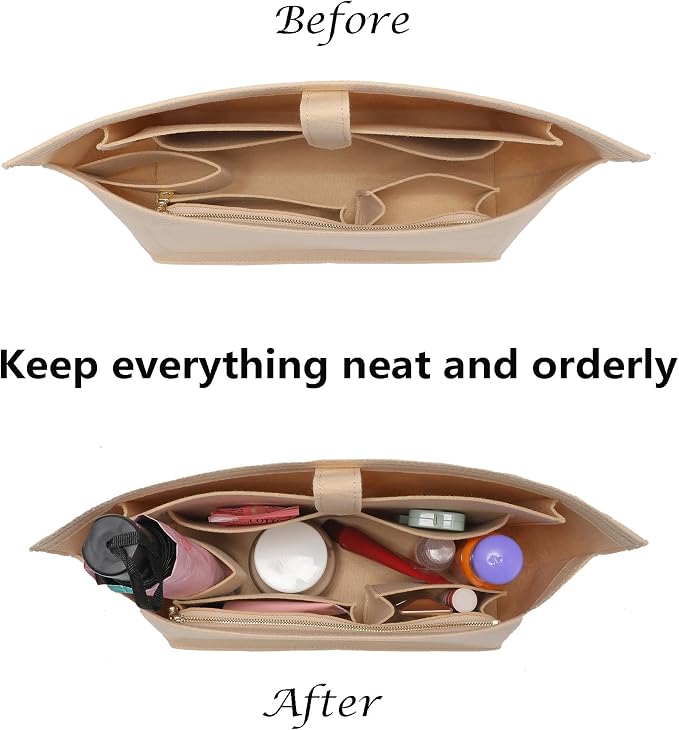 Doxo Purse Organizer Insert for Handbags, Felt Neverfull MM Organizer Insert with Laptop Compartment, Tote Bag Organizer with Zipper Pocket and Bottle Holder, Fit Neverfull MM and More, Beige-L - Image 3