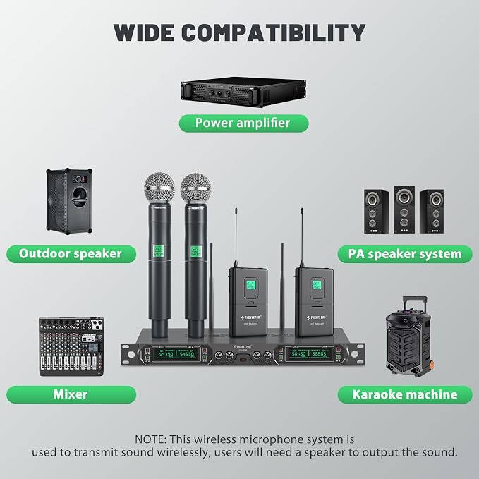 Phenyx Pro 4-Ch UHF Fixed Frequency Wireless Microphone PTU-5000-2H2B | 2 Handheld Mics, 2 Bodypacks, Headset/Lapel Mics, Metal Build, 260 ft Range, Church Services, DJ Sets - Image 7