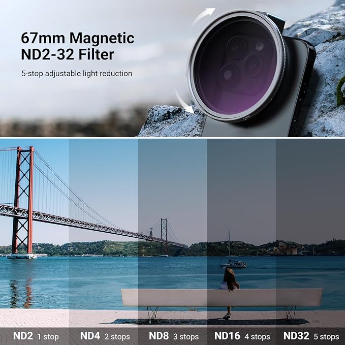 NEEWER 67mm Variable ND Filter & Threaded Phone Clip Set, Adjustable ND2-32 HD Neutral Density Mobile Photography Accessories, Compatible with iPhone 17 Pro Max Samsung S26 Ultra - Image 2