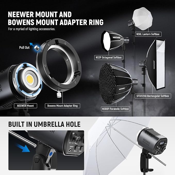 NEEWER MS60 LED Video Light with 2.4G/APP Control, 65W 5600K Daylight Mini COB Continuous Output Lighting, 40000lux/1m, CRI 97+/TLCI 98+, 9 Scenes, 0-100% PWM Dimming, Bowens Mount Adapter - Image 9
