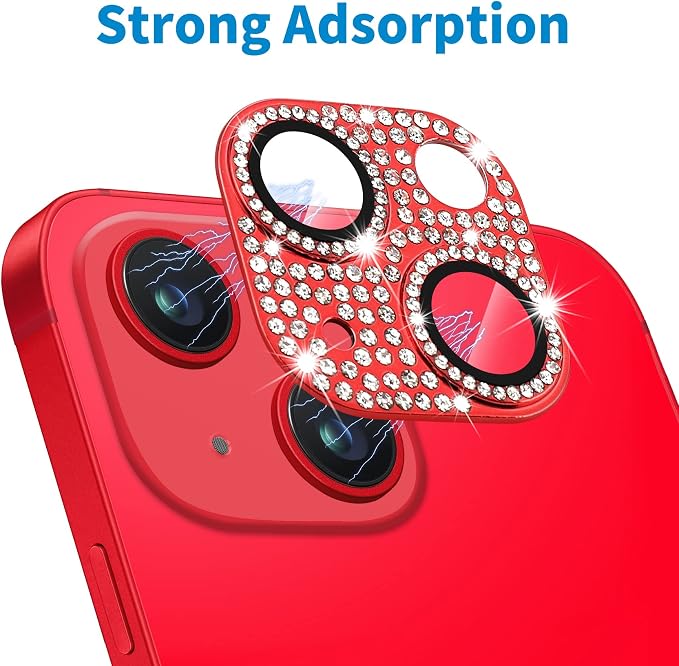 Designed for iPhone 14 and 14 Plus Camera Lens Protector, Bling Rhinestone Sparkle Diamond 9H Tempered Glass Lens Cover Shockproof Full Protective Camera Cover, Red - Image 4