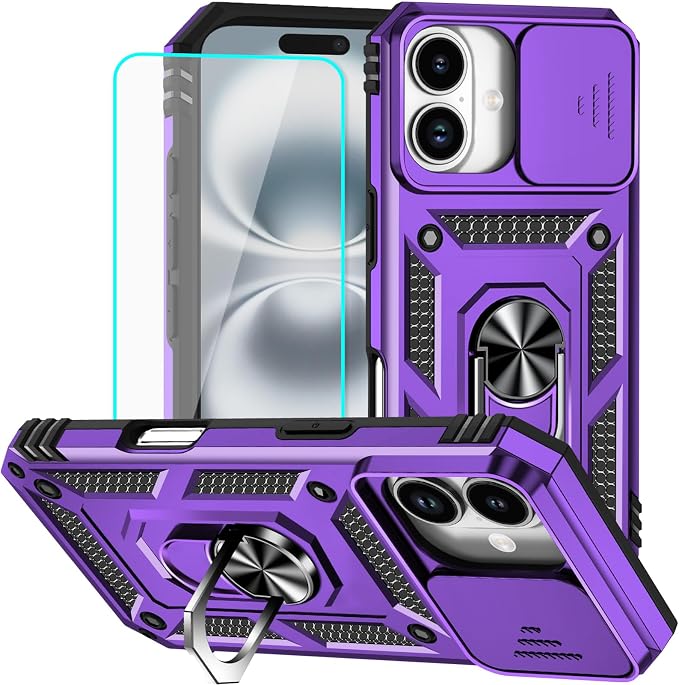 HNHYGETE for iPhone 16 Case with Screen Protector: [Military Grade 20ft. Drop Tested] Slide Camera Cover Ring Shockproof Protective Phone Case for - iPhone 16 (Purple) by HNHYGETE