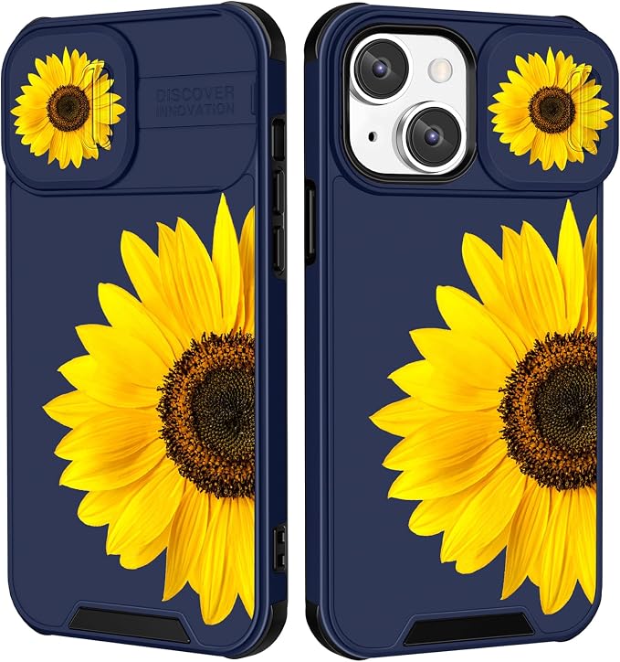 Case for iPhone 12 6.1'' Unique Blue Phone Cover | 2in1, Sunflower Floral, for Women Girls, Girly, Cute Flowers Design, with Slide Camera Cover, Protective, Cases, for iPhone12 by Goocrux