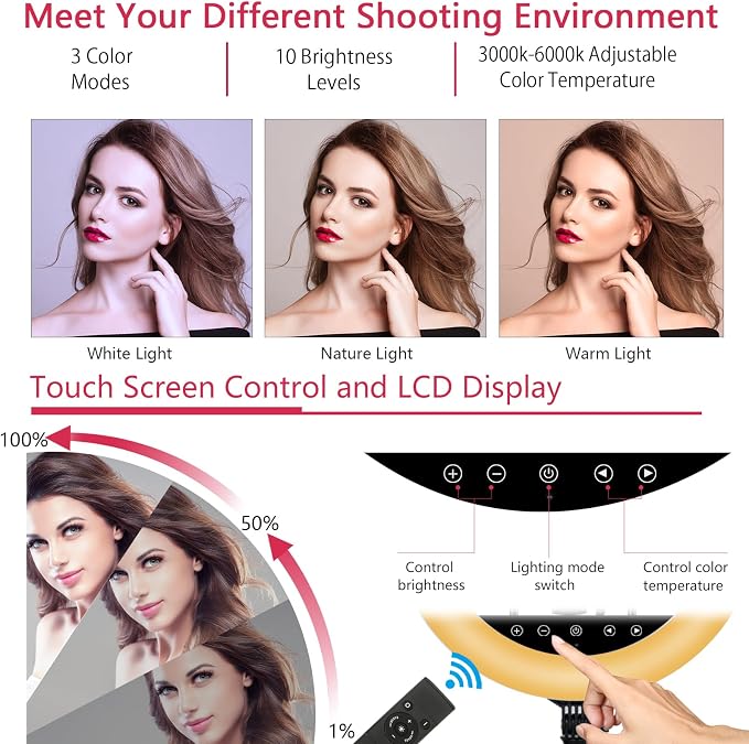 EOTO LIGHT 19 inch LED Ring Light with Tripod Stand, Ring Light with Touch Panel for Makeup Studio Portrait YouTube Vlog Video Shooting with Remote Controller, CRI>97 - Image 2