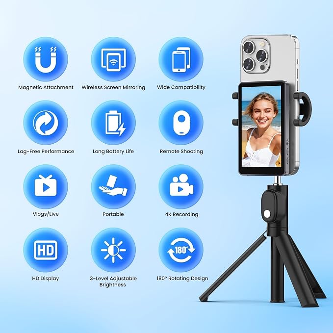 Vlog Selfie Monitor Screen iPhone, Screen Mirroring with Remote Control | 4K 60fps Recording, Magnetic Fixation, 180° Rotation, 3 Levels of Brightness, Compatible with iPhone & Android - Image 2