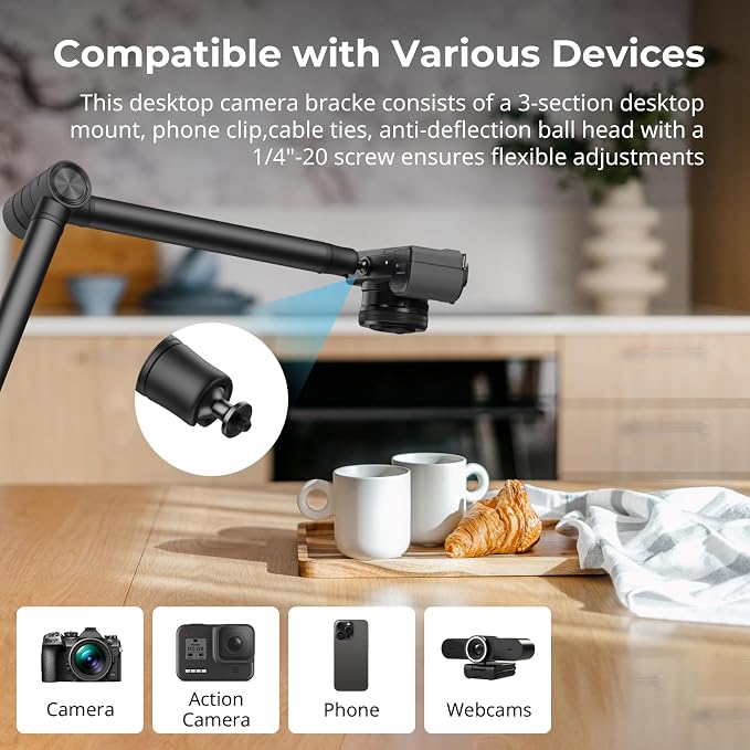 SMALLRIG Overhead 3-Section Desktop Camera Bracket Desk Mount | Tabletop C Clamp with Damping Boom Arm, 360° Ball Head, Max Load 4.4lbs for Photography Videography Live Stream - Image 3