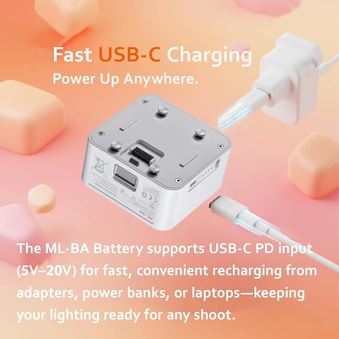 Godox ML-BA Battery Pack for ML80Bi and ML150Bi Bi-Color LED Lights | 14.4V 6600mAh capacity with built-in USB-C charging, providing dependable power for studio production and outdoor shooting - Image 6