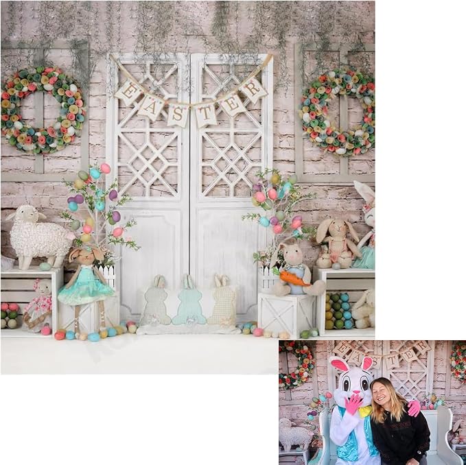 Kate 10x10ft Happy Easter Photography Backdrops Colorful Eggs | Cute Rabbit Toy Photographic Background Retro Wall White Door Baby Shower Newborn Shooting Backdrop by KateBackdropforPhotography