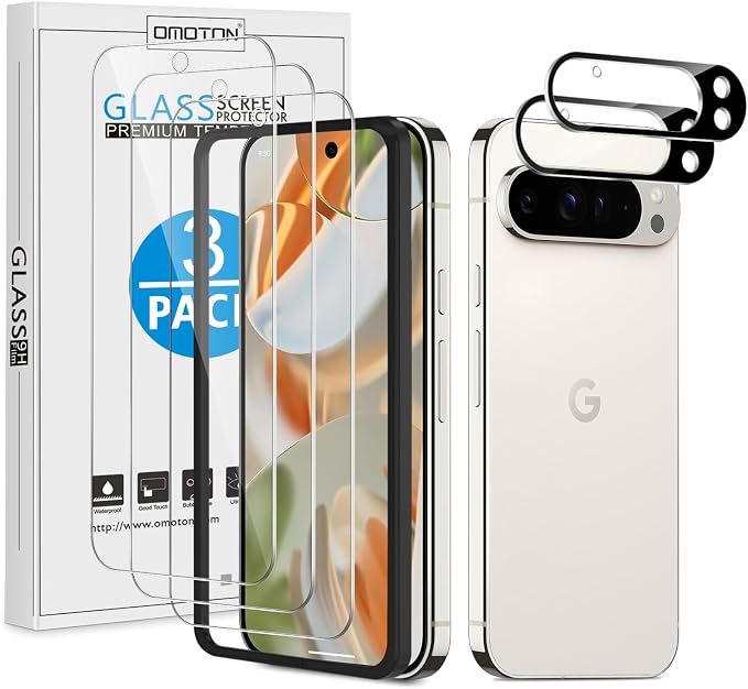 OMOTON 3+2 Pack for Google Pixel 9 Pro Screen Protector 6.3 inch | 3 Pack Tempered Glass Screen Protector&2 Pack Camera Lens Protector with Alignment Framework, Case Friendly(Not for 9/9 XL) by OMOTON