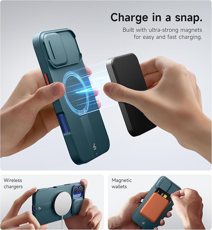 SURITCH for iPhone 16 Plus Case with Magnetic Camera Slide Cover and Adjustable Kickstand, Compatible with MagSafe, Shockproof Bumper Case Slim Protective Cover for iPhone 16 Plus 6.7 Inch, Lake Green - Image 3