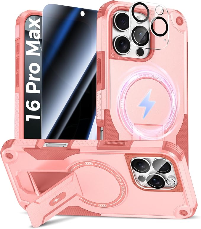 Goton 3 in 1 for iPhone 16 Pro Max Case with Privacy Screen Protector Pink | Glass Camera Lens Protector,Compatible for MagSafe,Invisible Kickstand, Shockproof Phone Cover for iPhone 16 Promax by Goton