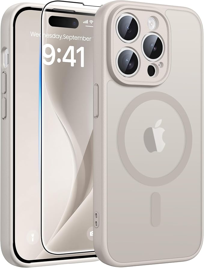 FNTCASE for iPhone 14 Pro Max Case, Fit for Magsafe, Glass Screen Protector | Full Camera Protection, Translucent Matte, 14FT Military Grade Drop Proof, Shockproof Protective Phone Cover, Off White by FNTCASE