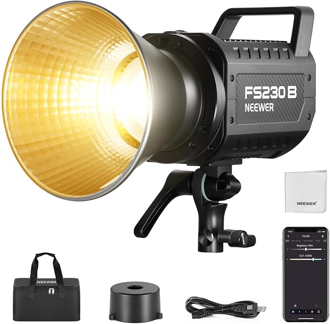 NEEWER FS230B LED Studio Video Light, 230W Bi Colour COB Continuous Lighting with 2.4G/APP Control, 110000Lux/m, 2700K-6500K, CRI 97+, Bowens Mount, Cleaning Cloth for Photography Video Recording by Neewer