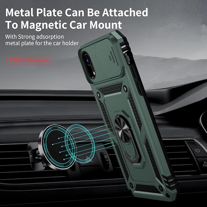 for iPhone XR Case with Camera Lens Cover, HD Screen Protector, 10 FT Military Grade Drop Protection, Magnetic Ring Holder Kickstand Protective Phone Case, Pine Green - Image 2