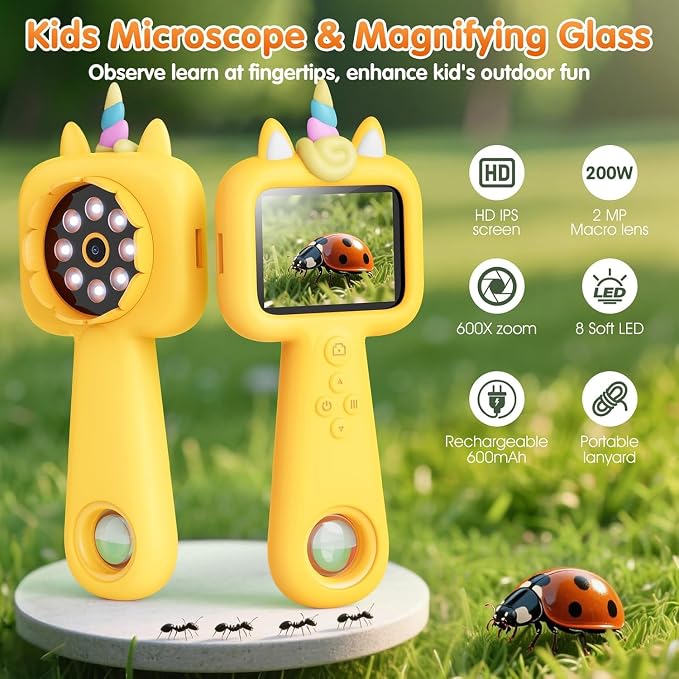 Kids Microscope, 2.4" Screen Handheld Digital Microscope 600X with 4K Camera & 8 LED Lights, Portable Pocket Microscope for Bugs Plants Nature Exploration, STEM Science Toy Gift Ages 3-12(Yellow) - Image 4