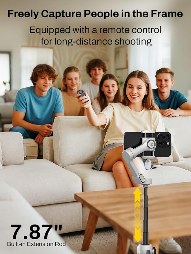 AOCHUAN Smartphone Gimbal Stabilizer for iPhone & Android, 3-Axis Phone Gimbal with Bluetooth Remote Control, Built-in 7.8” Extendable Rod, Face Tracking, Video Stabilizer – Smart V8 Kit White - Image 3