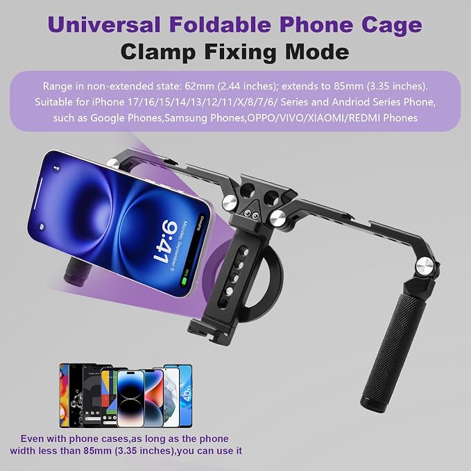 OPC01 Foldable Phone Cage Handheld Stabilizer,Foldable Magnetic Smartphone Cage with Handle and Magnetic Sticker for iPhone 17/16/15/14/13/12/11/10 Series and Andriod Phones for Photographer - Image 2