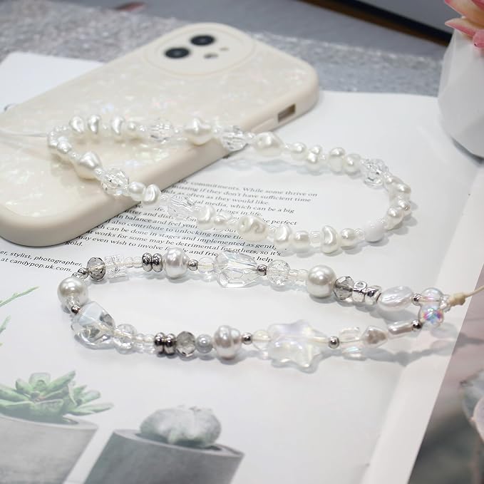 Beaded Camera Wrist Strap,Cute Phone Charm Decor,Pearl Bracelet Wrist Strap | Phone Keychain Decoration for Wallet,Durable Nylon Rope Lanyard,Compatible with all Phone Case,Silver Star - Image 2