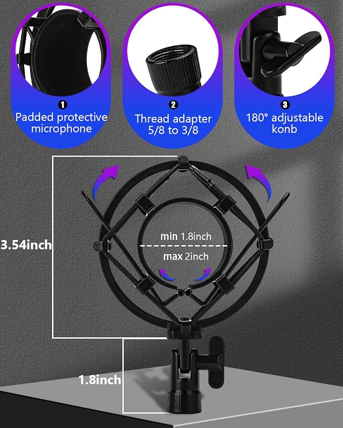 Universal Microphone Shock Mount, Mic Clip Holder for Diameter 47mm-53mm Mic Anti Vibration Adjustable High Isolation Shock Mount - Image 3