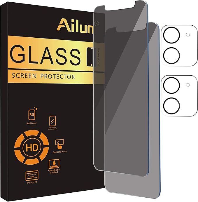 Ailun Privacy Screen Protector+Camera Lens Protector for iPhone 12 | 2+2 Pack, 6.1 inch, Anti Spy Private Tempered Glass Film, HD by Ailun