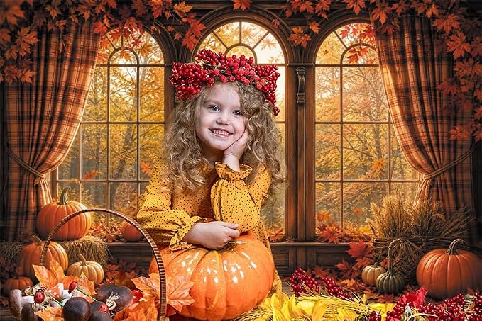 Autumn Fall Window Backdrop 8x6ft Rustic Wooden Arched Window with Pumpkin Maple Leaves Thanksgiving Harvest Photo Background for Party Decor Portrait Photography Booth Props Vinyl - Image 5