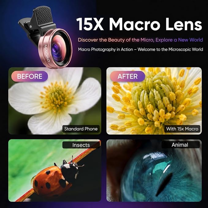 Phone Camera Lens Kit, 0.45X Super Wide Angle Lens + 15X Macro Lens 2 in 1 Professional Lens Attachment for Phone 17/16/15/14/13 - Image 3