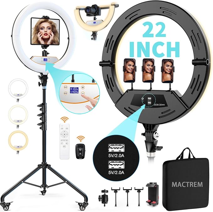 MACTREM 22" Foldable Ring Light with Stand for iPhone ipad, 75" Tripod with Wheels 50W 6500K LED Display/2 USB Ports Large Ringlight Rolling, Tattoo Barber Makeup Studio Video Photography Lighting by MACTREM