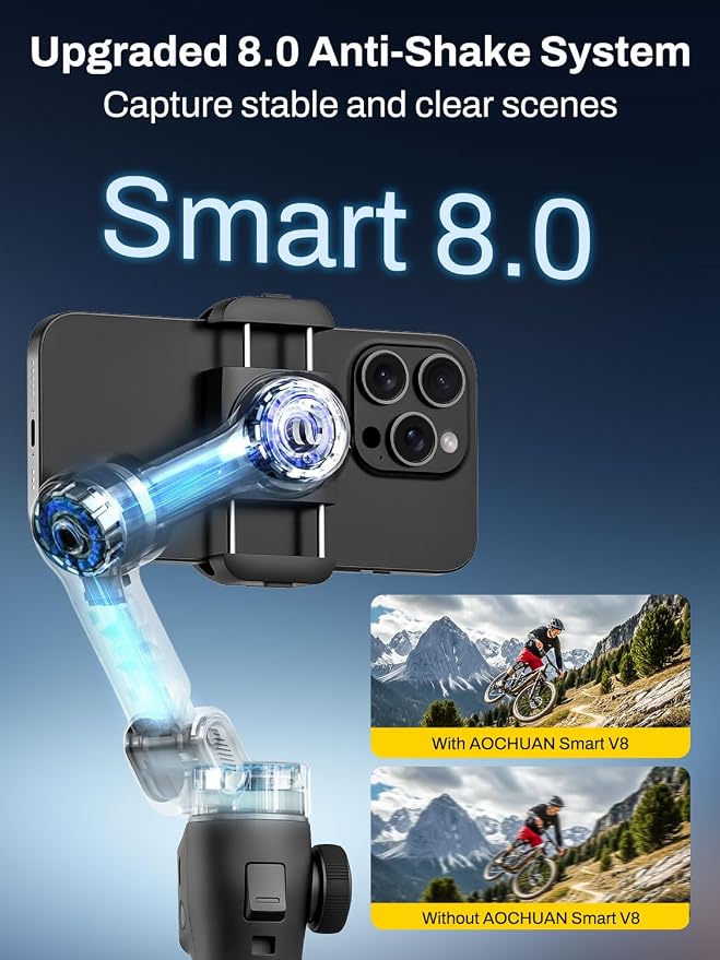 AOCHUAN Gimbal Stabilizer for iPhone w/Bluetooth Remote, 3-axis Phone Stabilizer w/7.8” Extension Rod, AI Face Tracking Smartphone Gimbal, Gesture Control for Video Shooting - Smart V8 Kit Black - Image 2