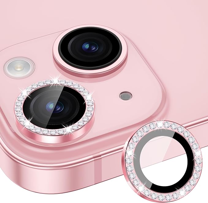 for iPhone 15/15 Plus Camera Lens Protector Bling Diamond, Pink | Individual Metal, 9H Hardness, Scratch Resistant, Shockproof, Drop Protection, Case Friendly, Stylish Accessories by Xfilm