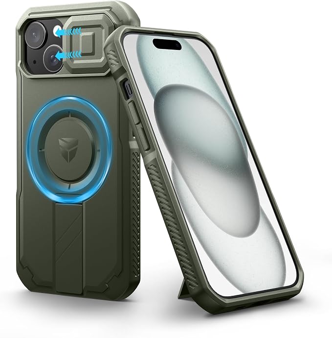 Dexnor for iPhone 15 Case with Slide Camera Cover & Adjustable Kickstand, Compatible with MagSafe, Rugged Shockproof Bumper Cases Heavy-Duty Magnetic Protective Cover,6.1 inch,Army Green by Dexnor
