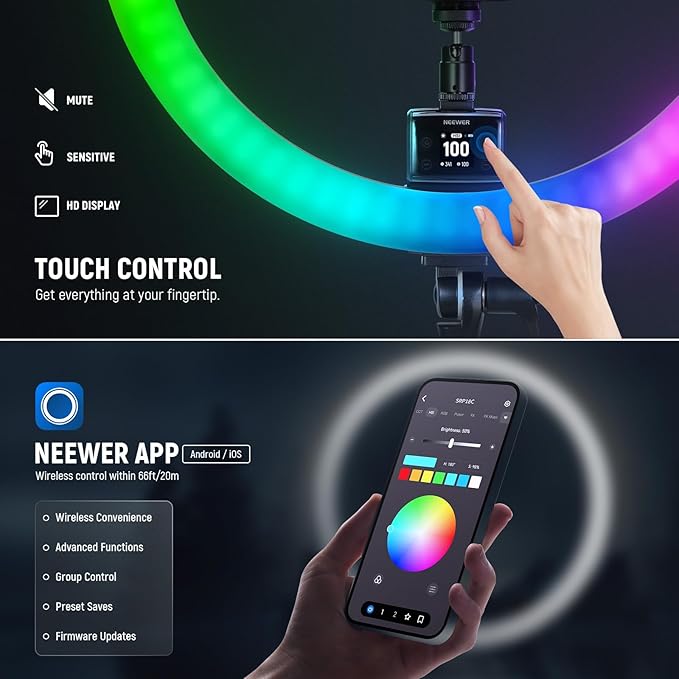 NEEWER SRP18C 18 Inch RGB LED Ring Light Kit with Reversible Tripod Light Stand App Control Phone Holder Compatible with iPhone, Ultra Slim Ringlight for Makeup Video Recording Selfie Studio Streaming - Image 5