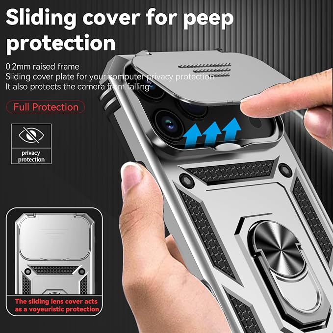 SunStory Phone Case for iPhone 17 Pro Max Case with HD Screen Protector & Slide Camera Cover & Rotated Ring Kickstand, [Military-Grade] Phone Case for iPhone 17 Pro Max, Silver - Image 3