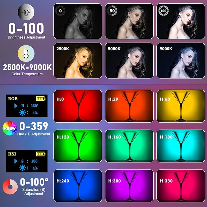 120 RGB Video Light, Photography Light, Color Temperature 2500-9000K 360° Full Color with 20 Lighting Effects, 3000mAh Battery, OLED Display, DSLR Lighting for TikTok, Photography, Video Conference - Image 2