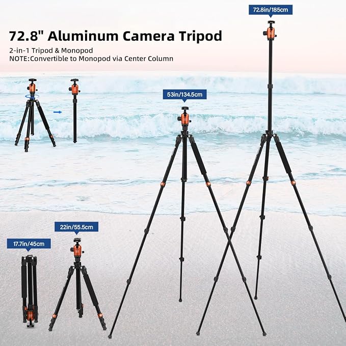 73-Inch Camera Tripod - Lightweight DSLR Tripod with 360° Ball Head & Quick Release Plate, Supports Up to 33.07 lbs, Portable for Travel & Outdoor Photography - Image 4