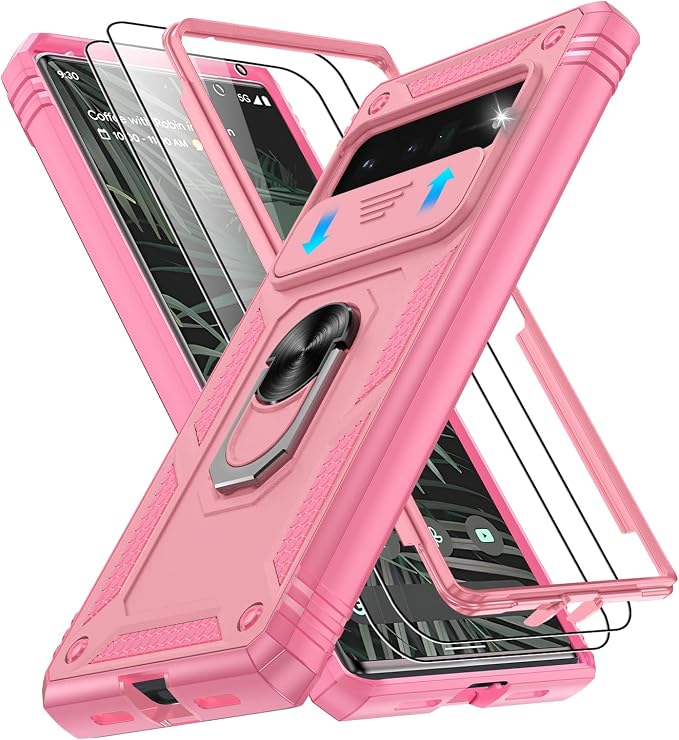 for Google Pixel 6 Pro Case with Slide Camera Cover & Screen Protector (2 PCS), Pixel 6 Pro Case Build in 360° Rotating Ring Kickstand, Military Grade Protective Case for Google 6 Pro Case, Pink by Gritup