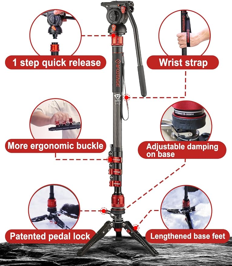 IFOOTAGE Cobra 3 C180F-P Carbon Fiber Camera Monopod 71" | Travel Monopod with Feet, 1/4" & 3/8" Quick Release Compatible with Sony Canon Nikon DSLR Camera, Payload 17.6lb - Image 9