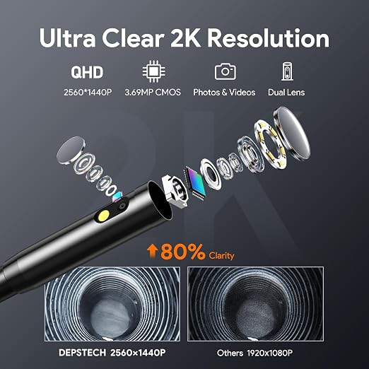 DEPSTECH 2K Endoscope Camera with Light, Dual Lens 2560P Phone Borescope | Inspection Scope for iPhone Android, Semi-Rigid Snake Cable, 9LEDs, IP67 Waterproof, for Automotive, HVAC, Plumbing, Mechanic - Image 2
