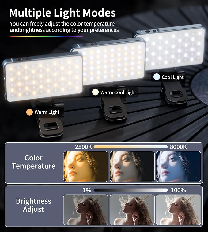 Selfie Light, 96 LED Phone Light with Metal Hotshoe & Clip, Rechargeable 2500K-8000K 360° Full Color 21 Scenes RGB Video Light for Phones, iPhone, Laptops, Cameras, Vlog, TikTok, Gifts for Women & Mom | CRI 96+ 2500K-8000K Rechargeable Full Color 21 Sc... - Image 3