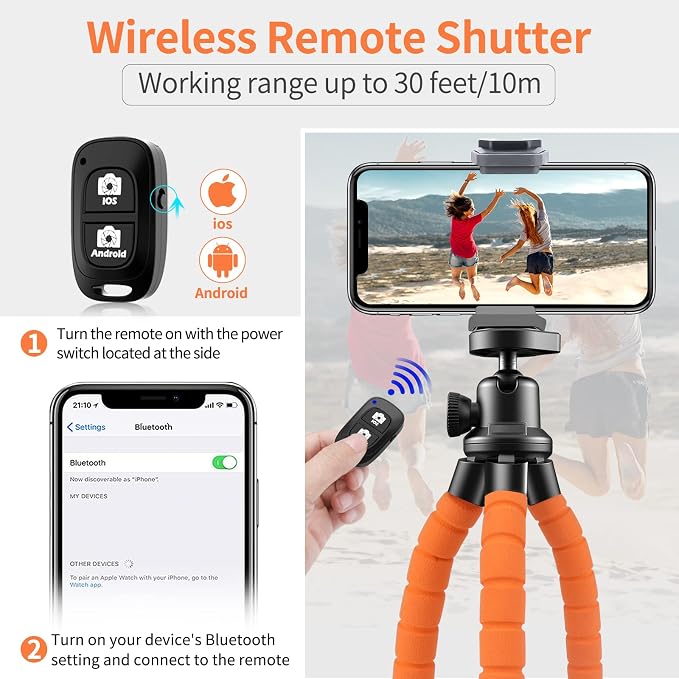Aureday Phone Tripod, Flexible Tripod for iPhone and Android, Portable with Wireless Remote and Clip for Video Recording/Vlogging/Selfie (Orange) - Image 2