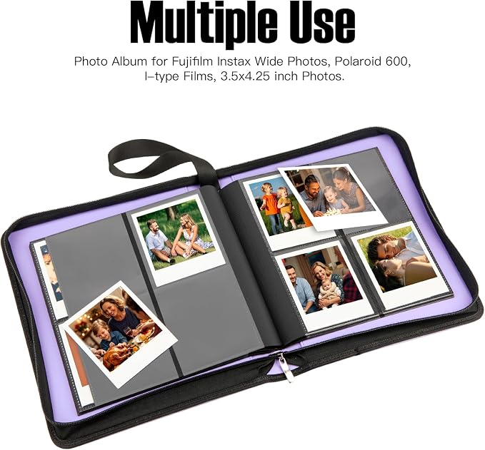 Veicevol 256-Pocket Album for Polaroid i-Type, 600 & SX-70 Photos, Purple | Designed for Fujifilm Instax Wide Photos, Water-Resistant PU Leather Cover, Zipper Closure, Securely Holds Up to 256 Photos - Image 2