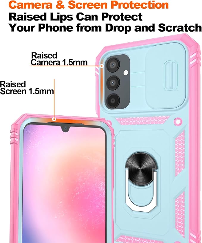 Fit for Samsung A24 Phone Case with 2PCS Screen Protector, Build in 360° Rotating Ring Kickstand, Military Grade Protective Case for Samsung A24 Case Phone, Green+Pink - Image 4