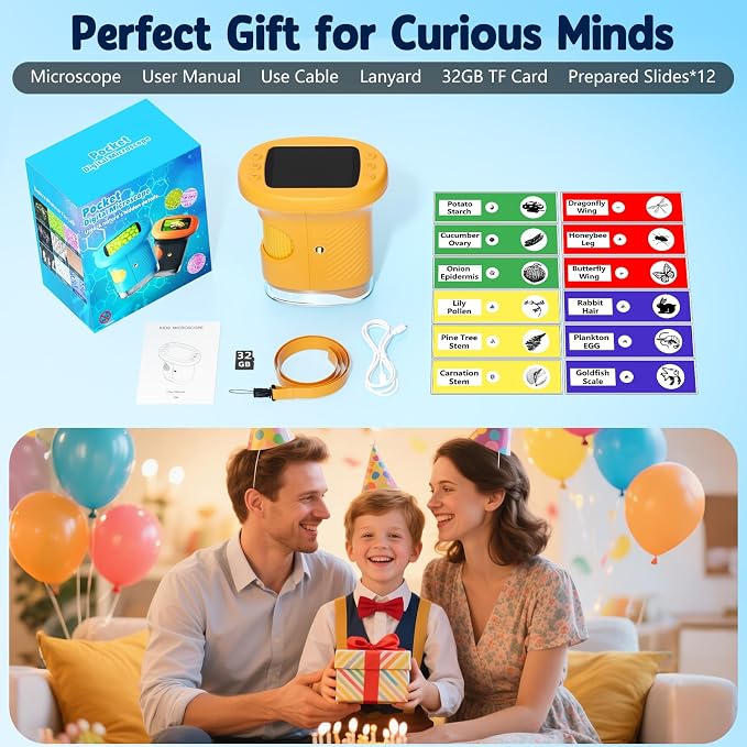 Odatay 4K 1000X Digital Microscope for Kids with 32G Card, Long Distance Viewing & 2.4" Screen Portable Handheld Edu Toys for Age 3-12 Exploring Bugs Plants at Home Classroom & Outdoor Travel, Yellow - Image 8