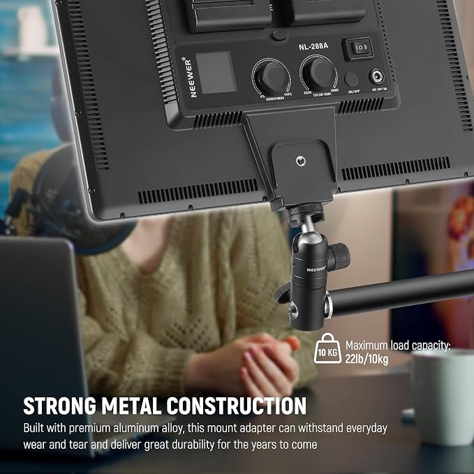 NEEWER Light Stand Mount Adapter w Cold Shoe & 1/4" Screw Mini Ball Head | Reversible Mounting Plate for Camera, Monitor, Ring Lights, Fits Flat Head, Boom Arm, C Stands, Max. Load 22lb/10kg - Image 7