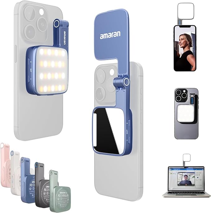 Amaran Go Magnetic Selfie Phone Light,Dual LED Light Source (Blue) | with Adjustable Mirror Light CCT 2700K-6500K,Rechargeable for Selfie,Makeup,Video Conference,TikTok,for iPhone & Android by Aputure