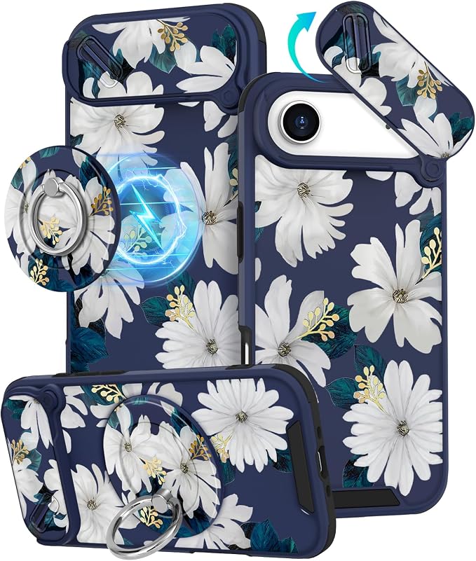Buleens for iPhone 17 Air Case 6.5 Inch - with Ring Stand & Camera Cover Aesthetic Cute Designed Women Girls Kawaii Pretty Girly White Floral Phone Case for iPhone 17 Air Compatible with Magsafe by Buleens
