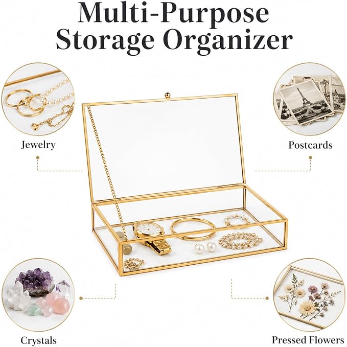 Feyarl Gold Glass Photo Cards Display Box Jewelry Trinket Ring Earring Post Cards Decorative Keepsake Box for Wedding Home Deco Dresser Coffee Table (8.66 x 5.9 x 1.96inch) - Image 8